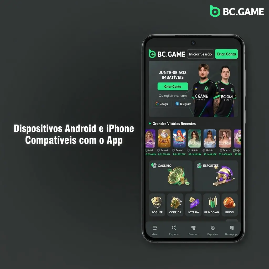Smartphones Android e iPhone compatíveis com o app BC Game, incluindo Samsung, Xiaomi, Motorola e modelos iPhone