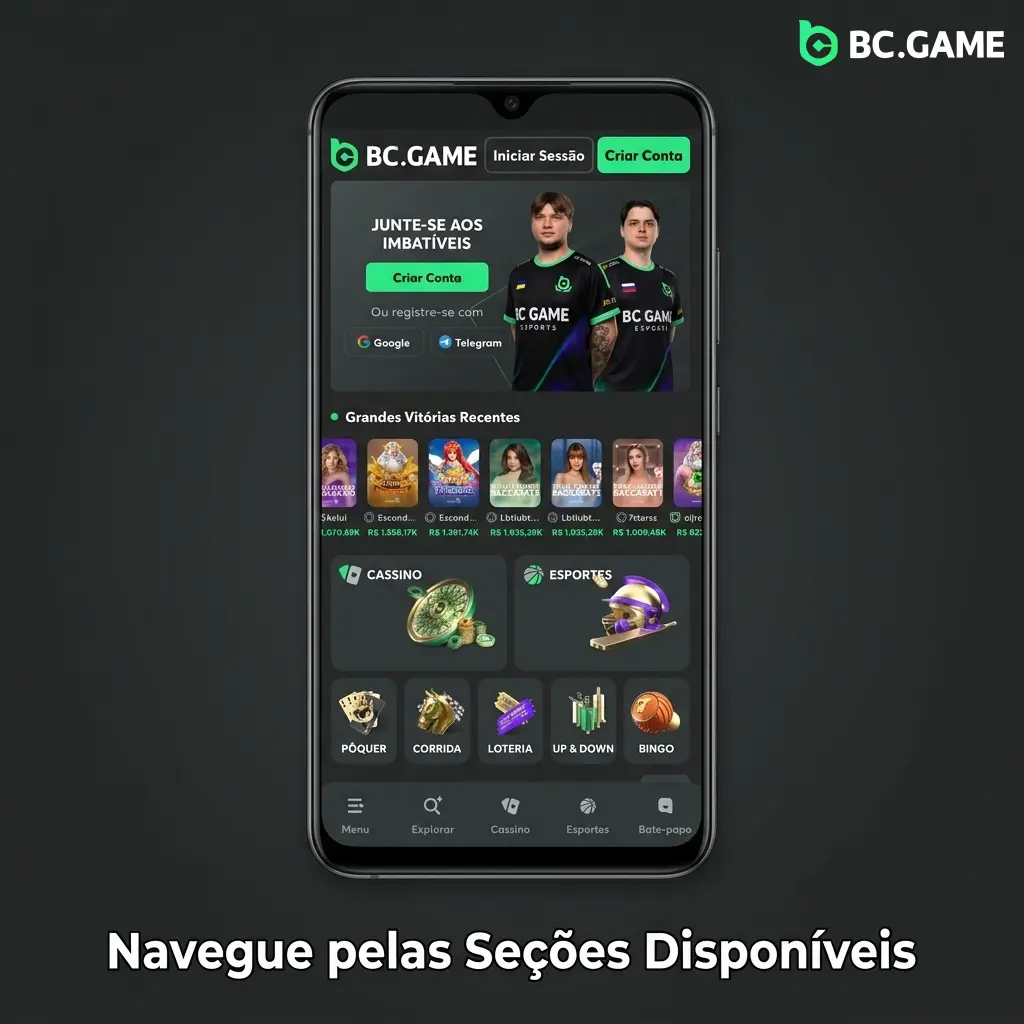 Menu principal do aplicativo BC Game com seções de cassino, apostas esportivas e suporte ao cliente