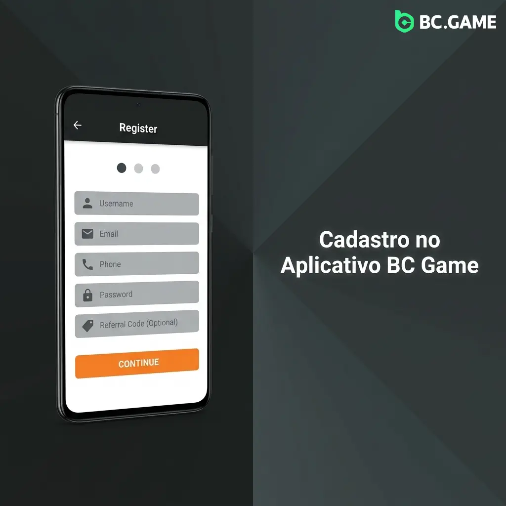 Tela de cadastro do aplicativo BC Game com campos de e-mail, senha e seleção de país para registro rápido