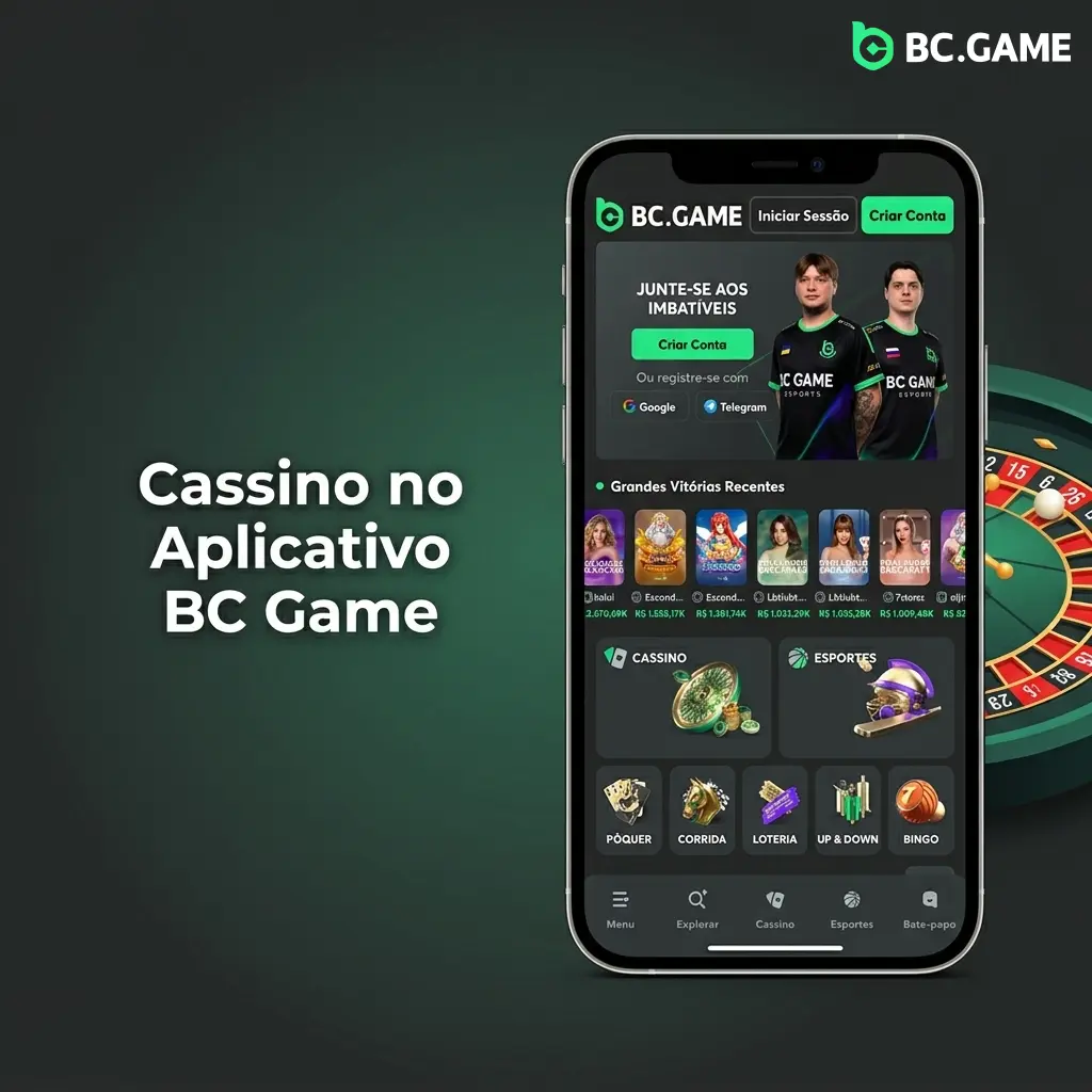 Interface do aplicativo BC Game mostrando categorias de cassino com mais de 8.000 jogos disponíveis