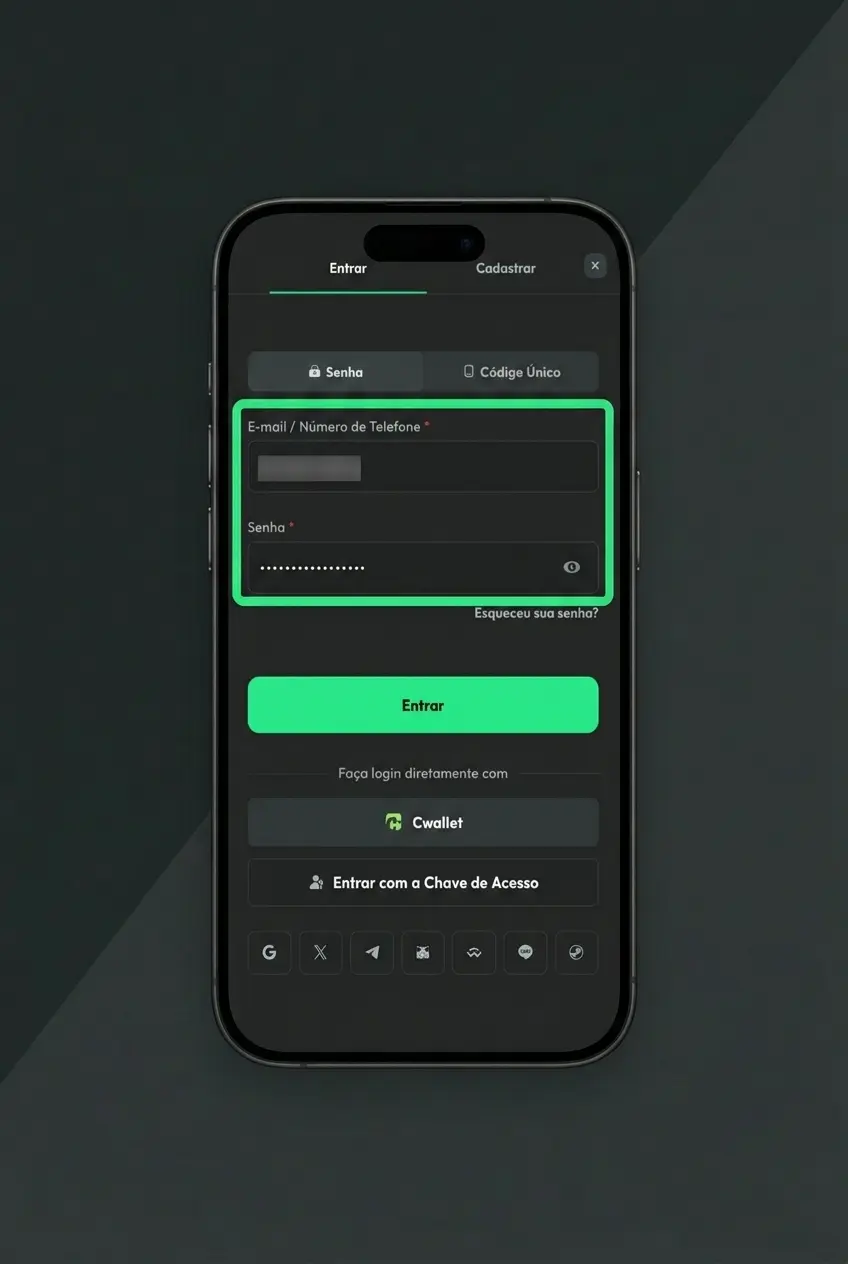 Tela de login da BC Game com campos de e-mail, senha e opções de acesso via Google e Telegram