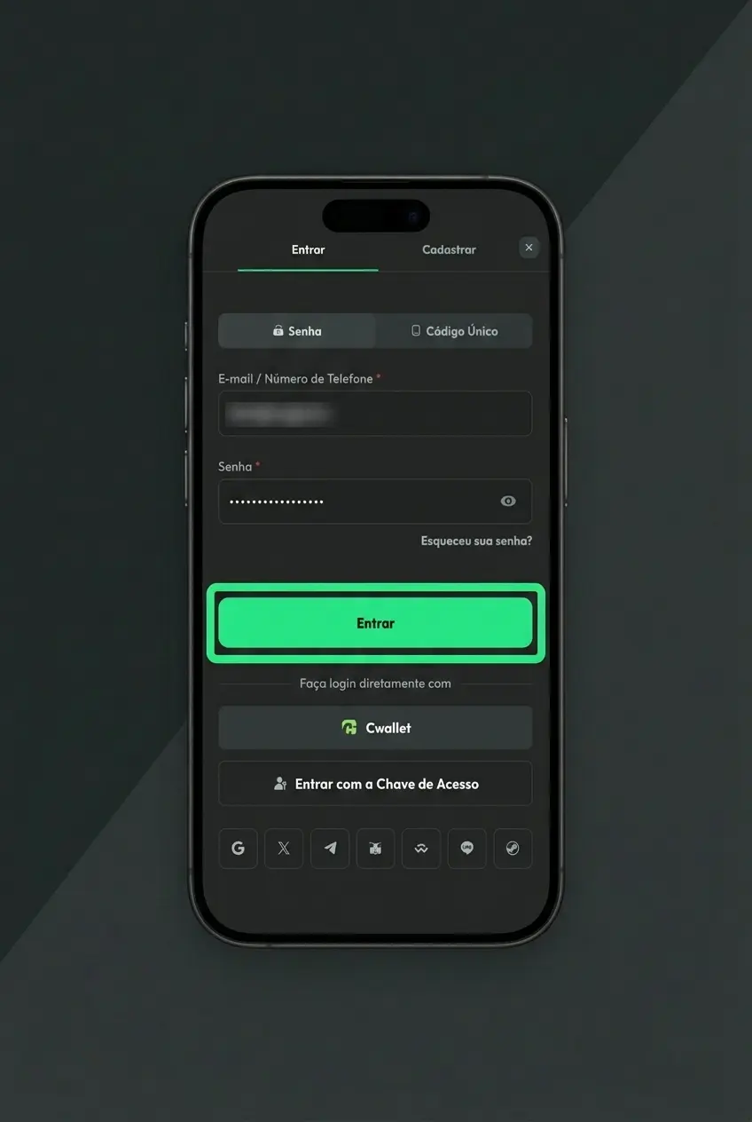 Tela de login da BC Game com campos de e-mail, senha e opções de acesso via Google e Telegram