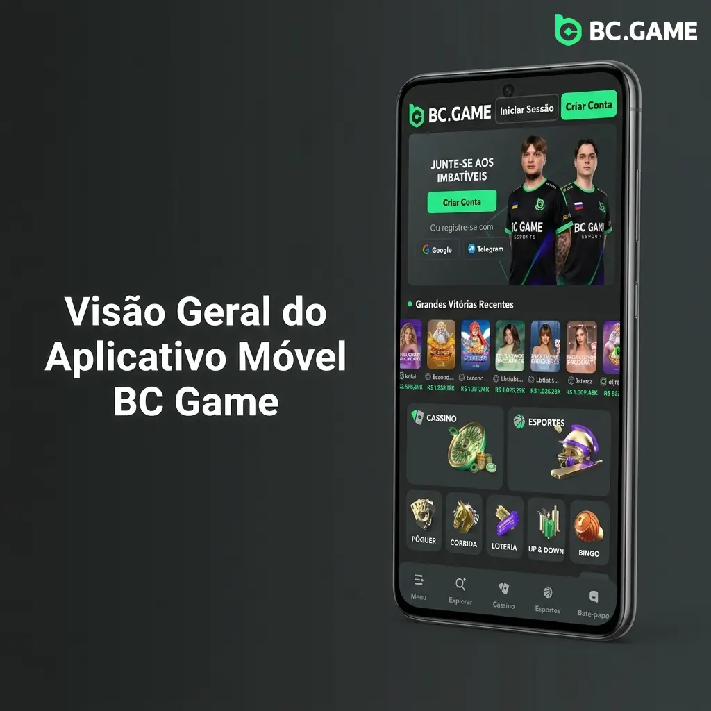 Aplicativo móvel BC Game aberto no celular com cassino, apostas esportivas e pagamentos via PIX disponíveis
